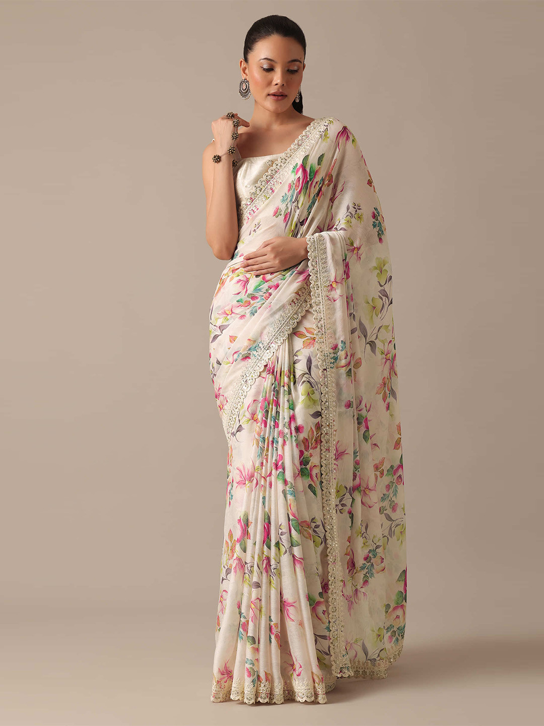 

Jinal & Jinal Floral Patchwork Pure Georgette Saree, Beige