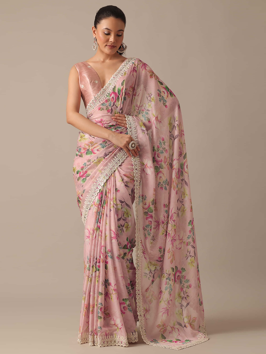 

Jinal & Jinal Floral Sequinned Pure Georgette Saree, Pink