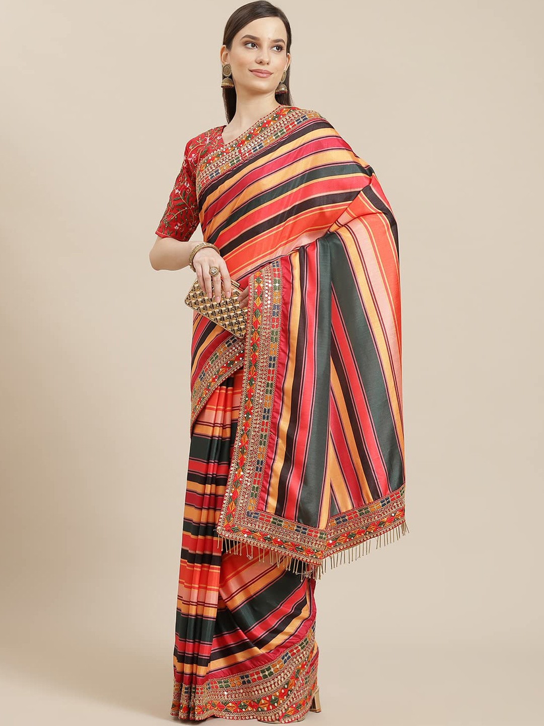 

Jinal & Jinal Striped Sequinned Pure Silk Saree, Red