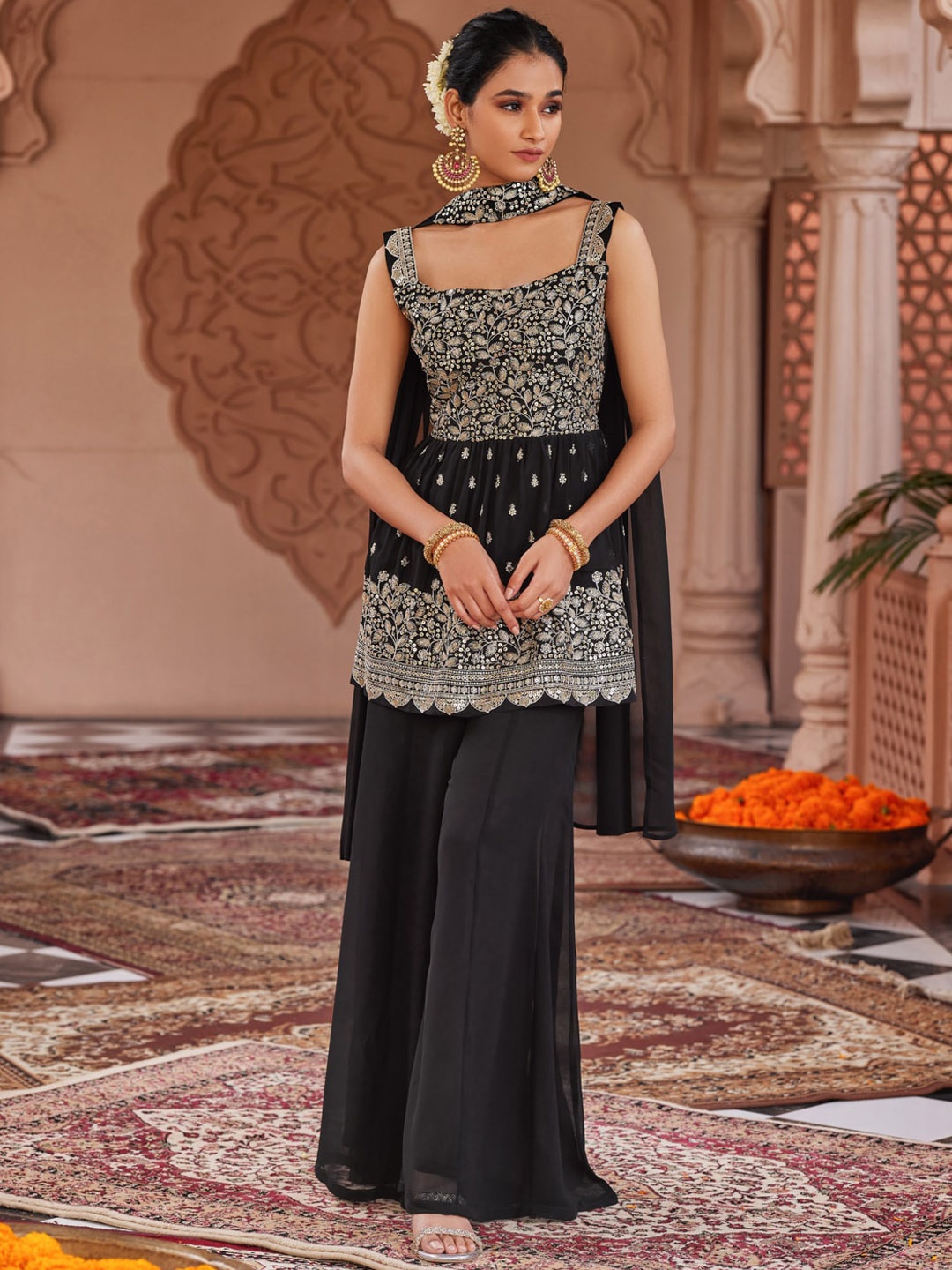 

WOMEN PLUS Ethnic Motifs Embroidered Zari A-Line Kurti With Sharara & Dupatta, Black