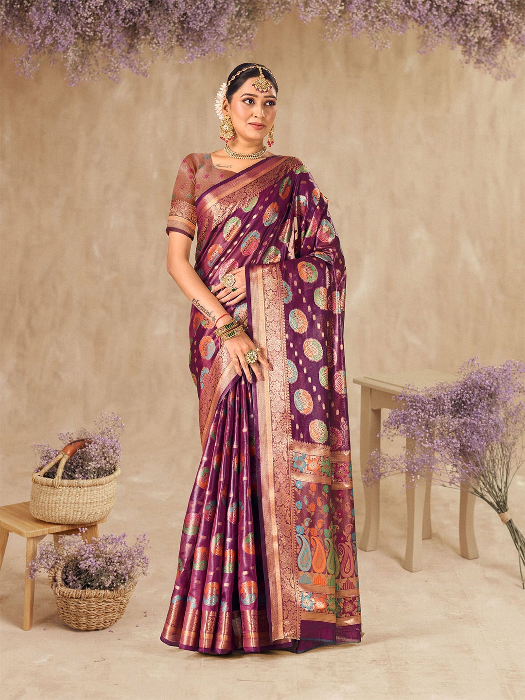 

KIMISHA Woven Design Zari Organza Kanjeevaram Saree, Purple