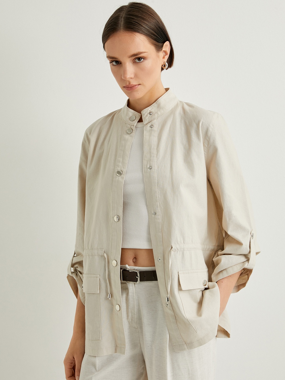 

Koton Mandarin Collar Roll-Up Sleeves Linen Cotton Shacket, Beige