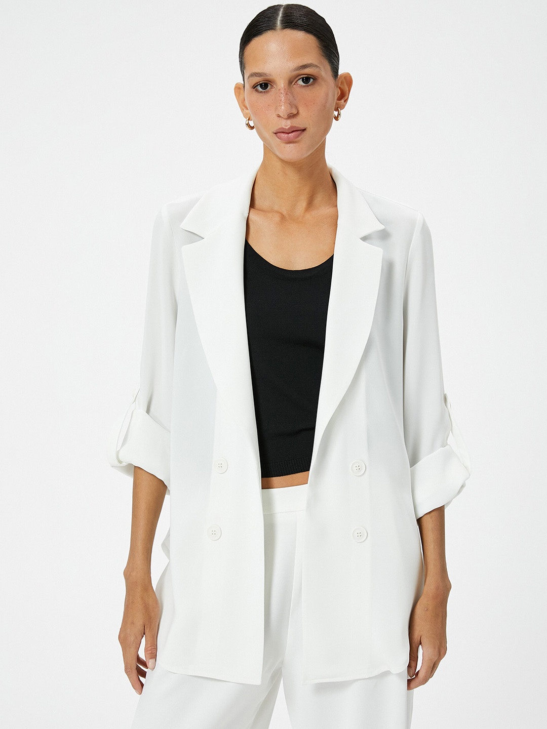 

Koton Notched Lapel Collar Single-Breasted Blazer, Off white