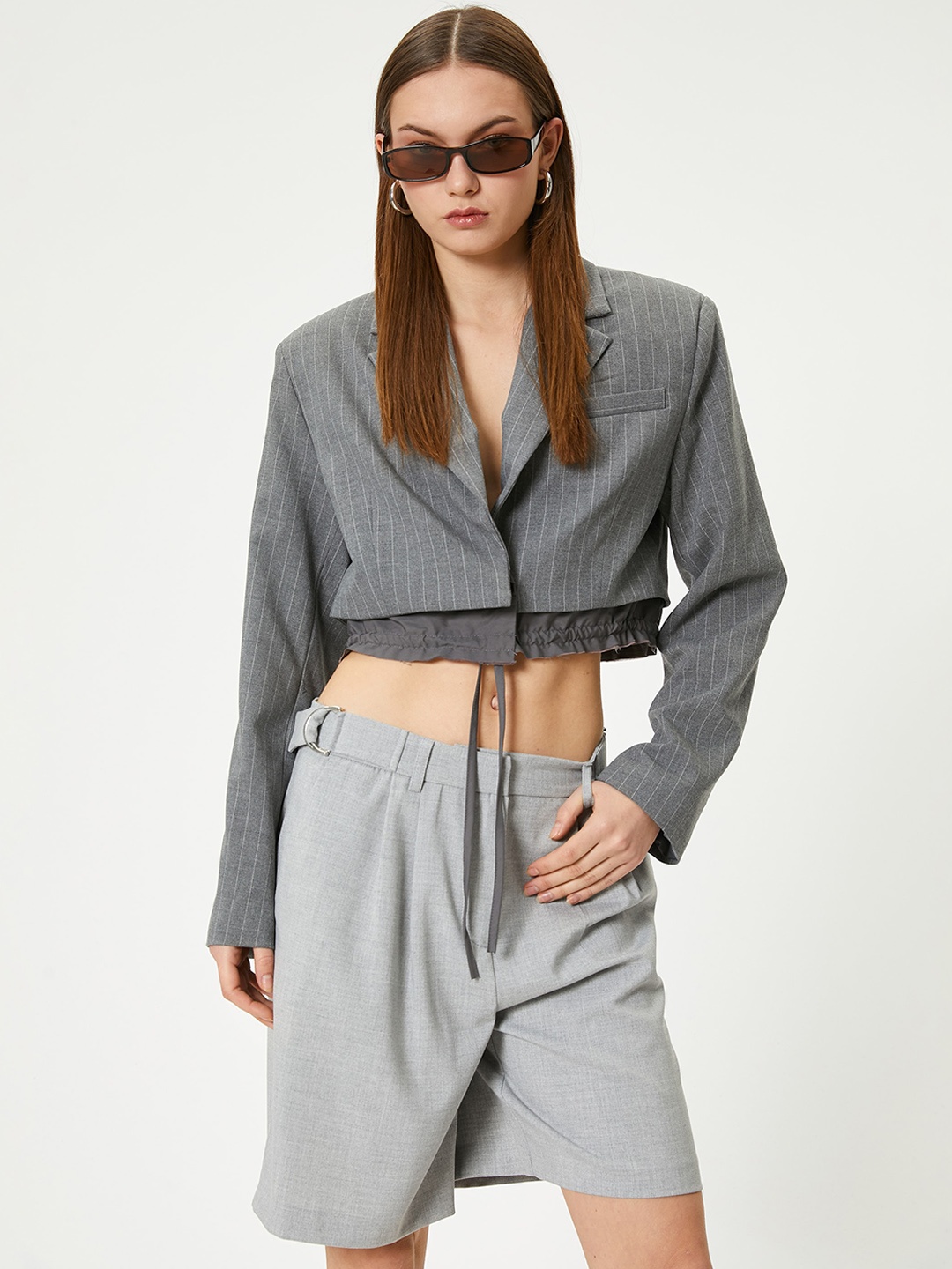 

Koton Striped Notched Lapel Collar Front-Open Crop Overcoat, Grey