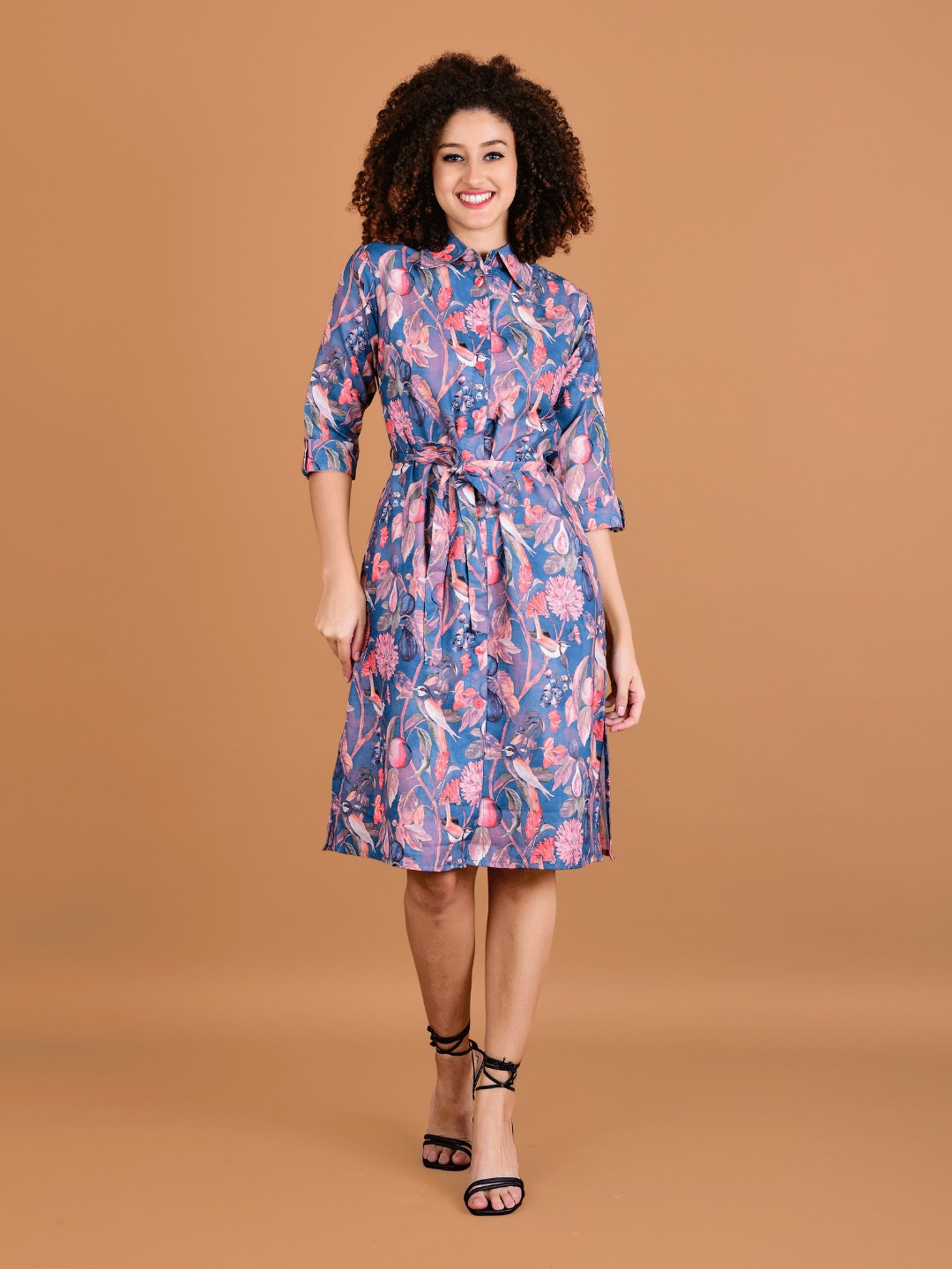 

Boholyfe Floral Printed Shirt Collar Roll-Up Sleeves Dress, Blue