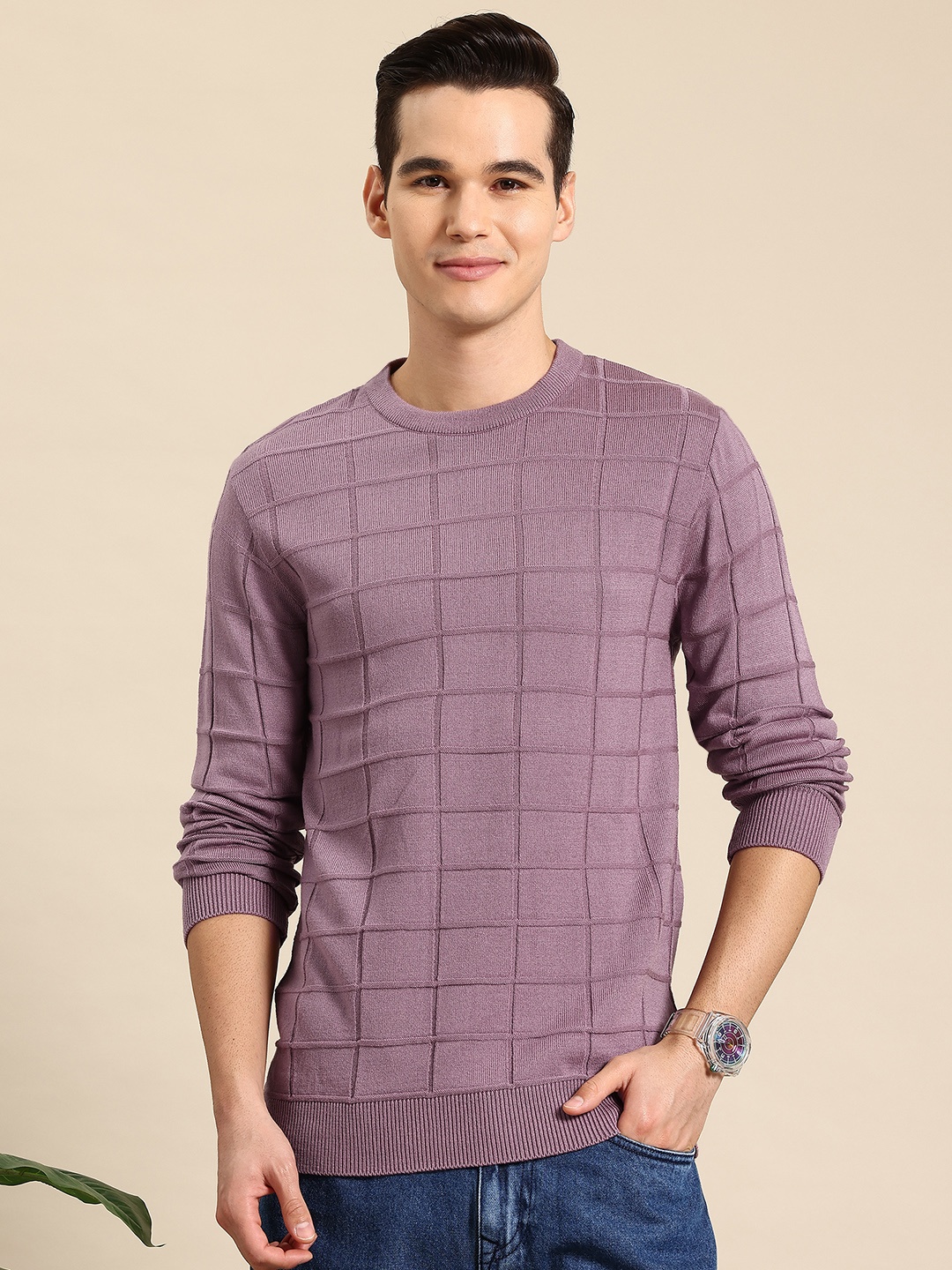 

Mast & Harbour Pure Acrylic Checked Pullover, Mauve