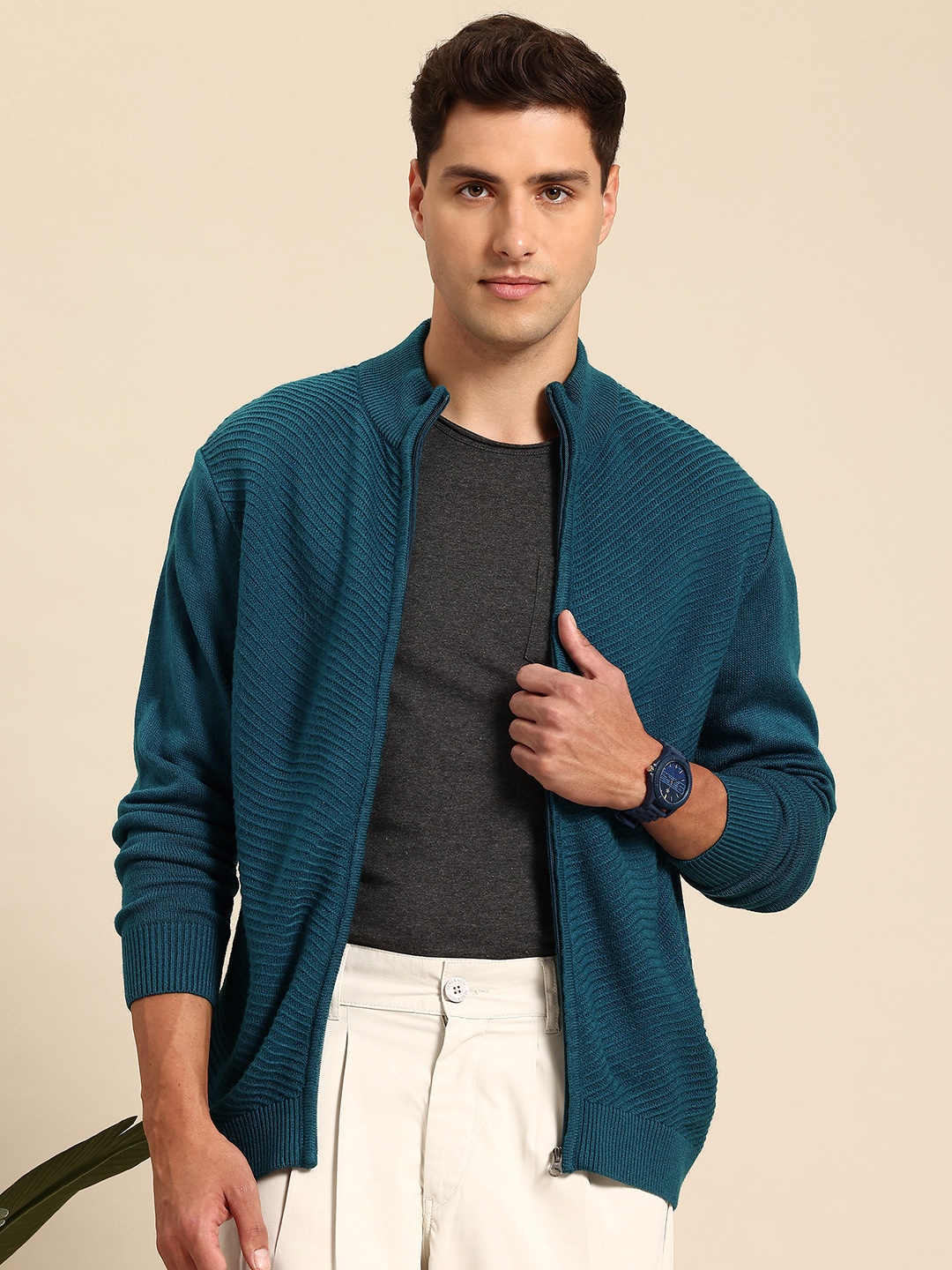 

Mast & Harbour Men Ribbed Longline Cardigan, Blue