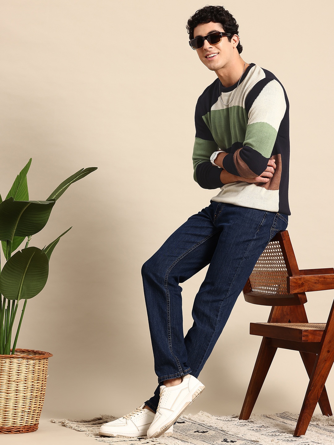 

Mast & Harbour Men Striped Acrylic Pullover, Navy blue