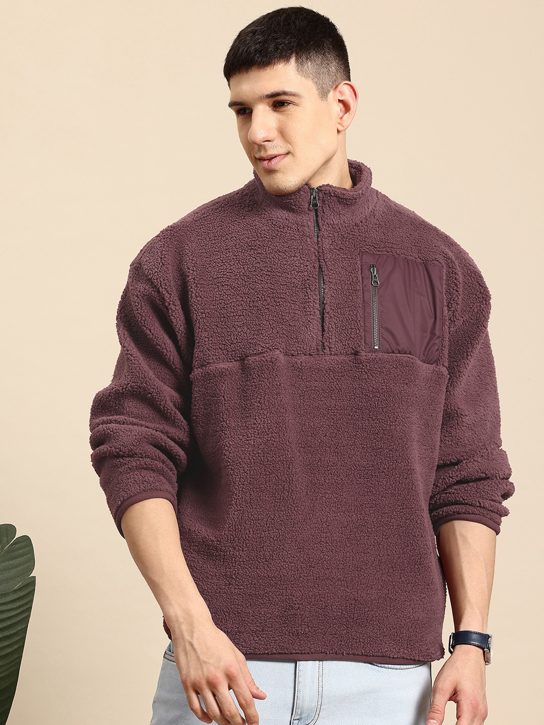 

Mast & Harbour Men Sherpa Sweatshirt, Burgundy