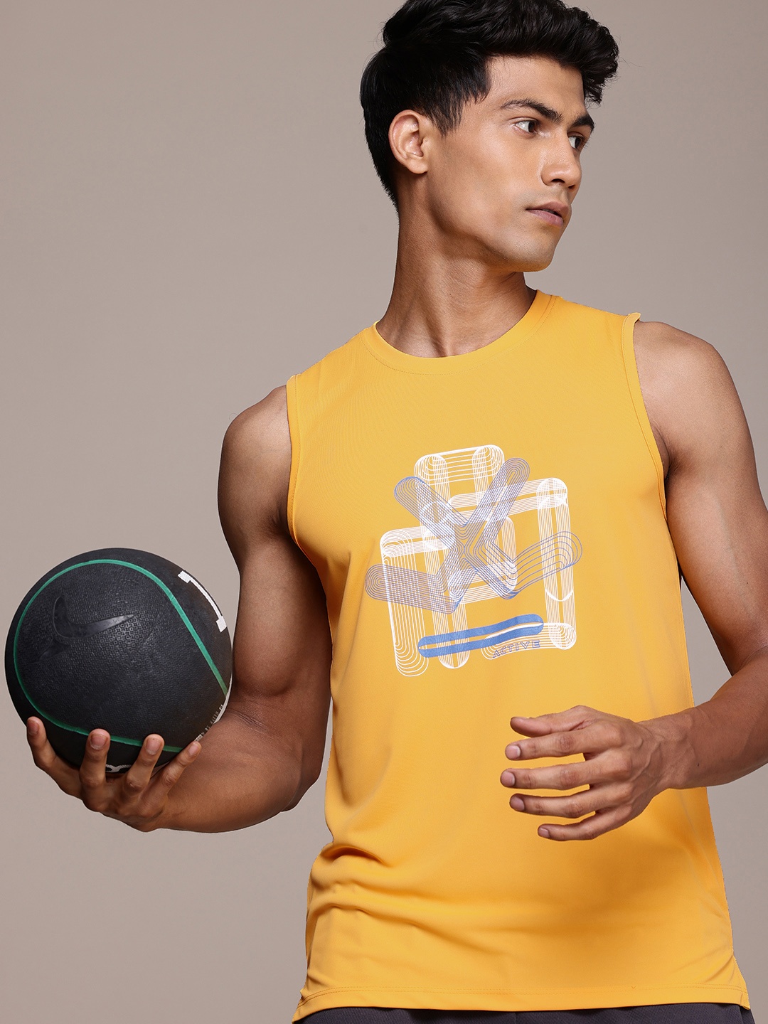 

WROGN ACTIVE Sleeveless Brand Logo Printed Slim Fit T-shirt, Yellow