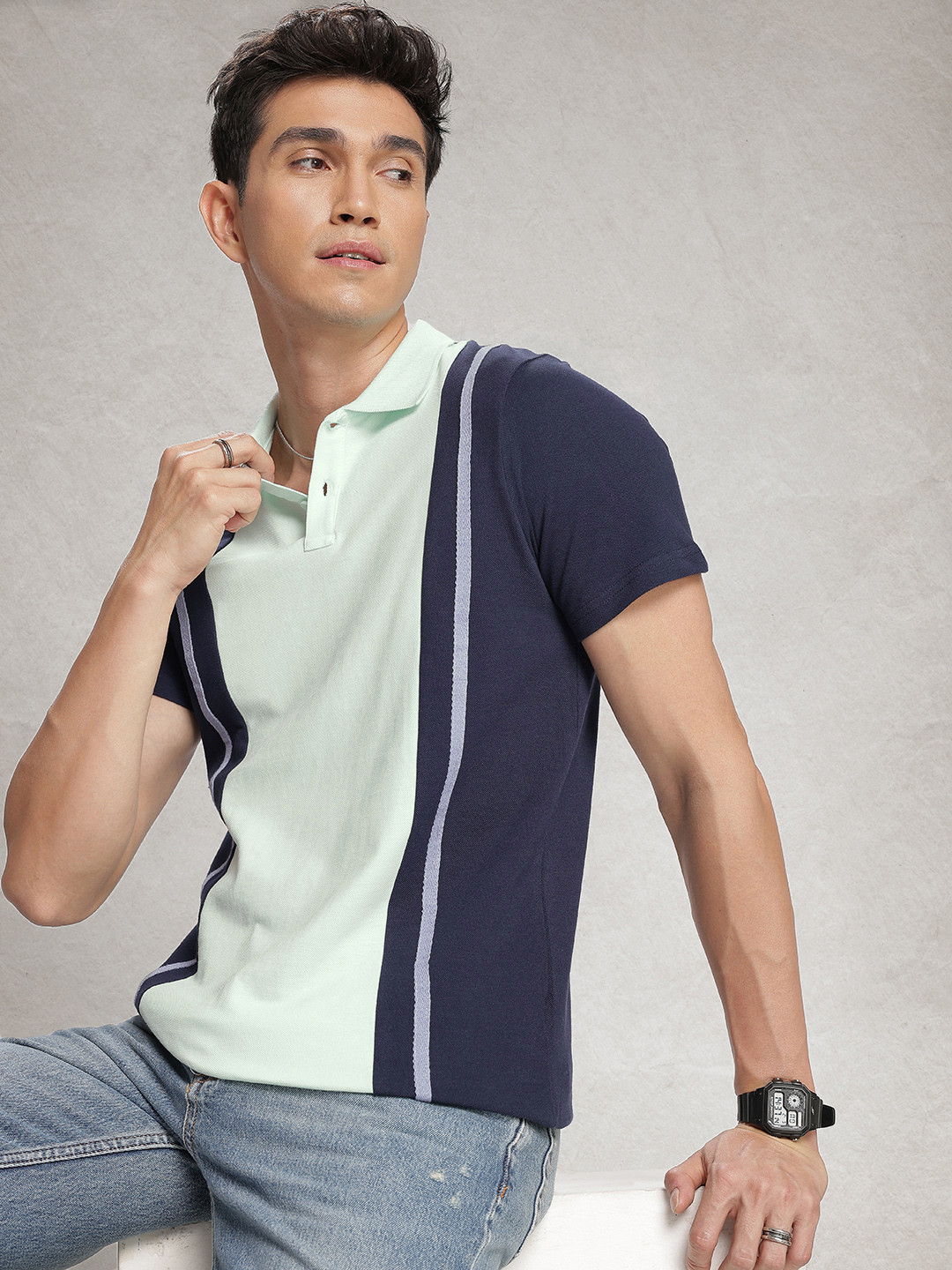 

WROGN Striped Polo Collar Pure Cotton T-shirt, Navy blue