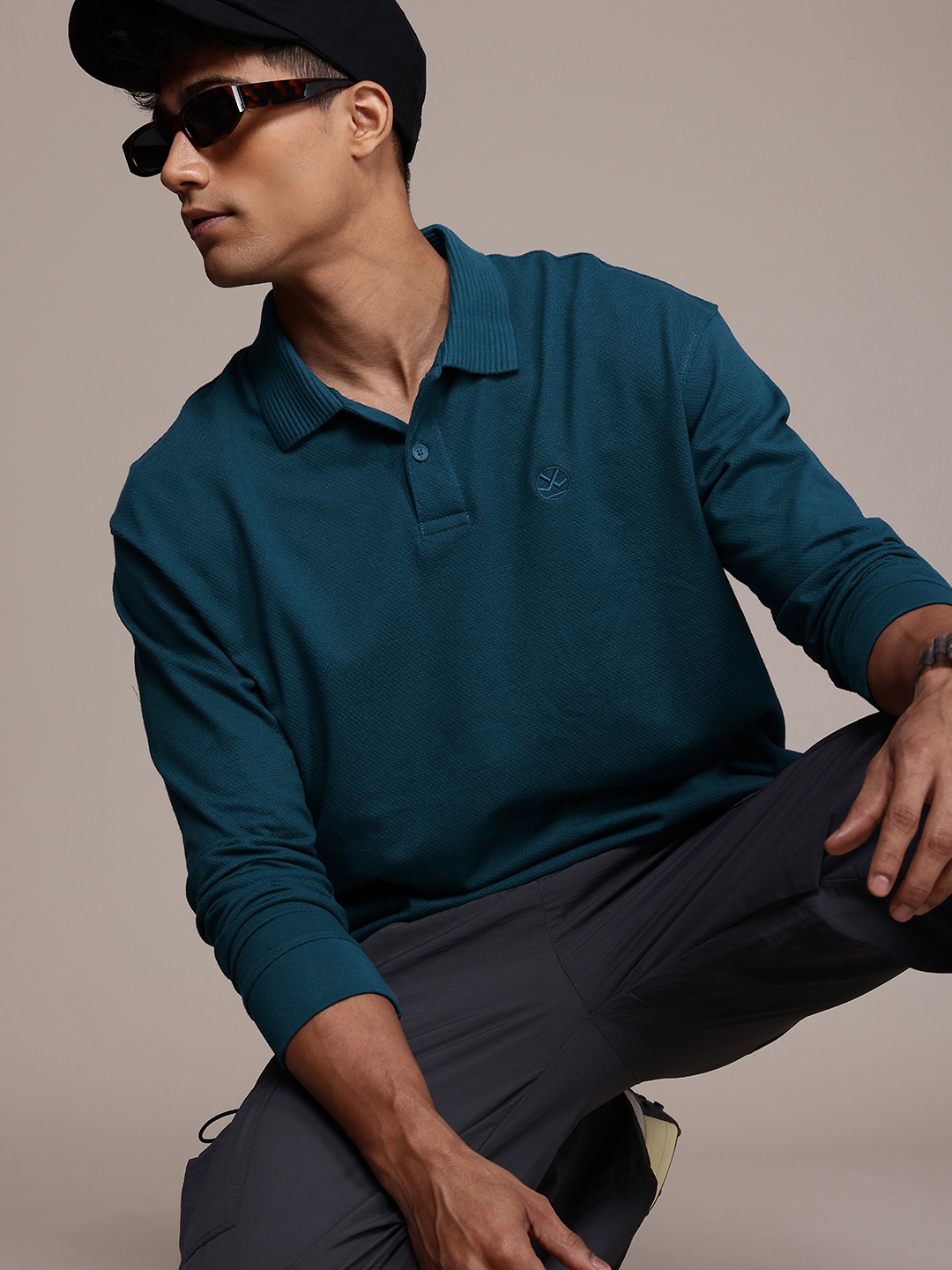 

WROGN Self Design Polo Collar Drop-Shoulder Sleeves Oversized T-shirt, Teal