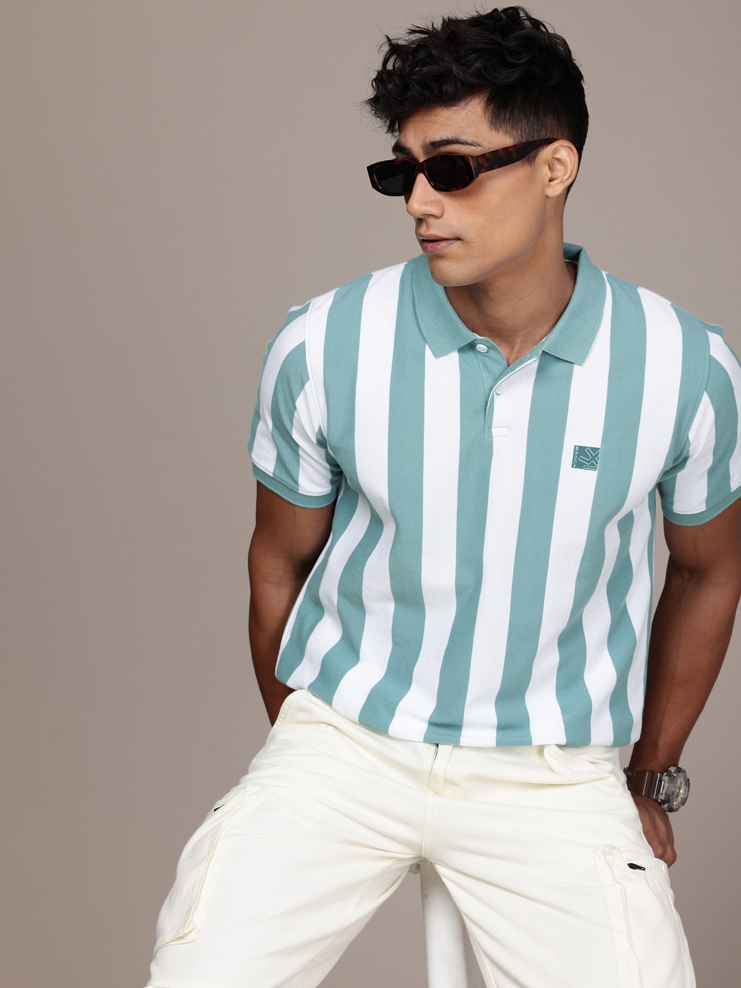 

WROGN Striped Polo Collar Pure Cotton T-shirt, Blue