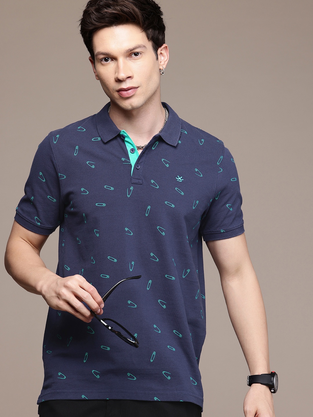 

WROGN Pure Cotton Conversational Printed Polo Collar T-shirt, Navy blue