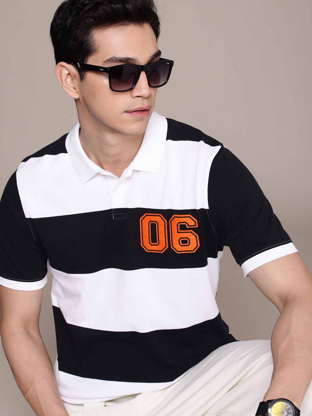 

WROGN Striped Polo Collar Pure Cotton Slim Fit T-shirt, Black