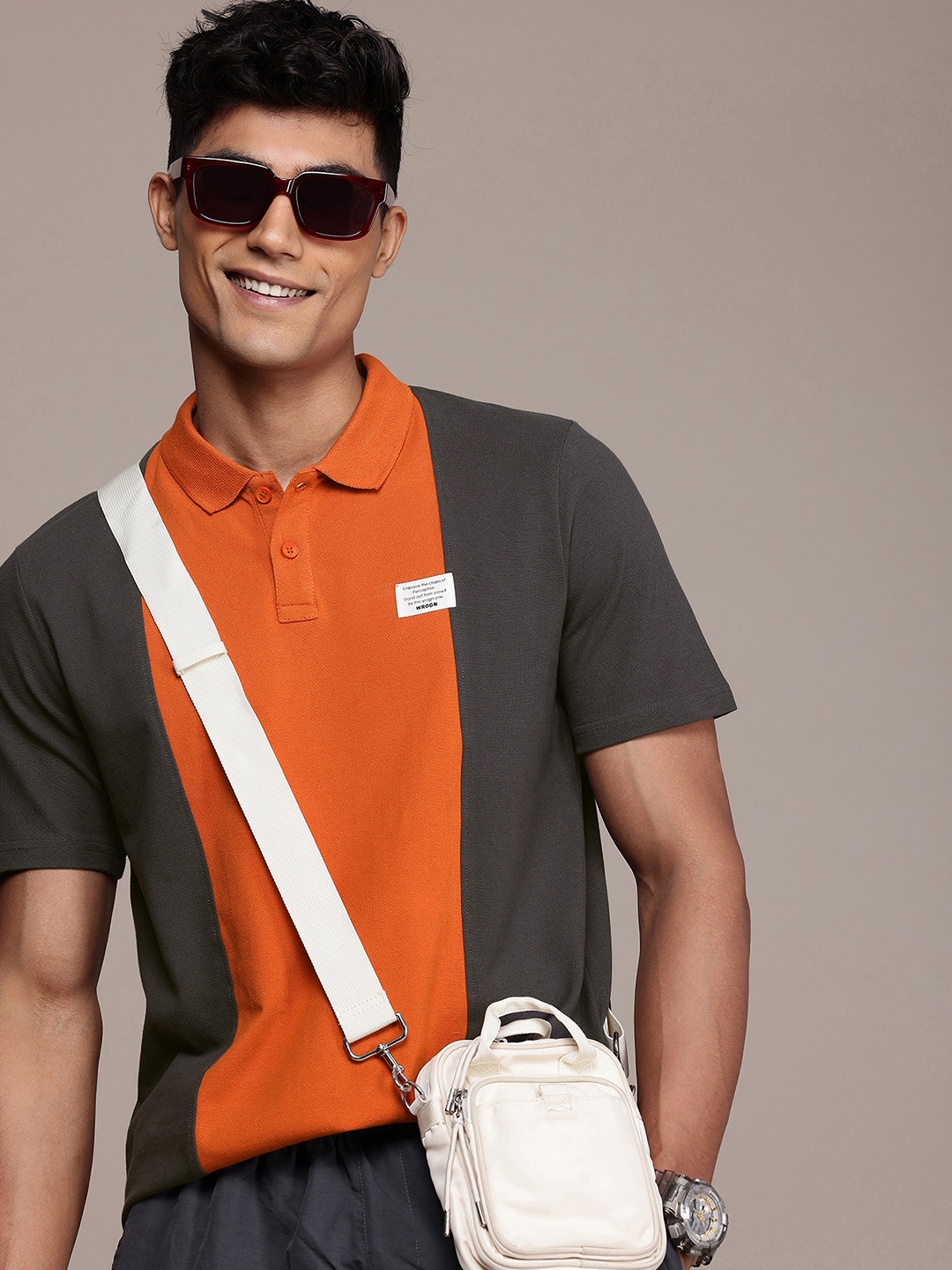 

WROGN Colourblocked Polo Collar Pure Cotton T-shirt, Grey