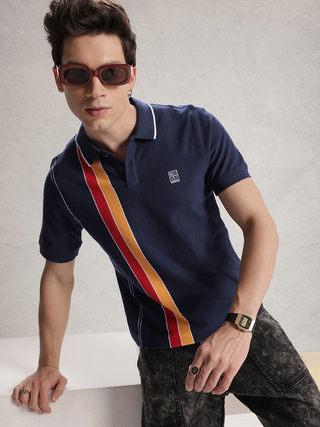 

WROGN Pure Cotton Striped Polo Collar T-shirt, Navy blue