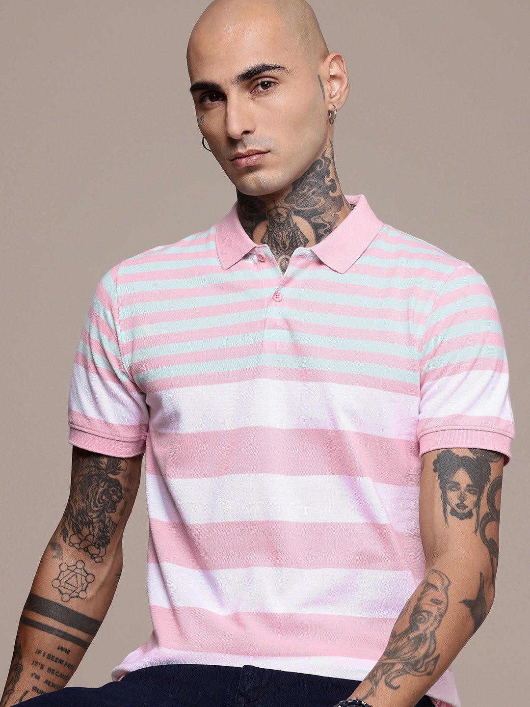 

WROGN Striped Polo Collar Pure Cotton T-shirt, White