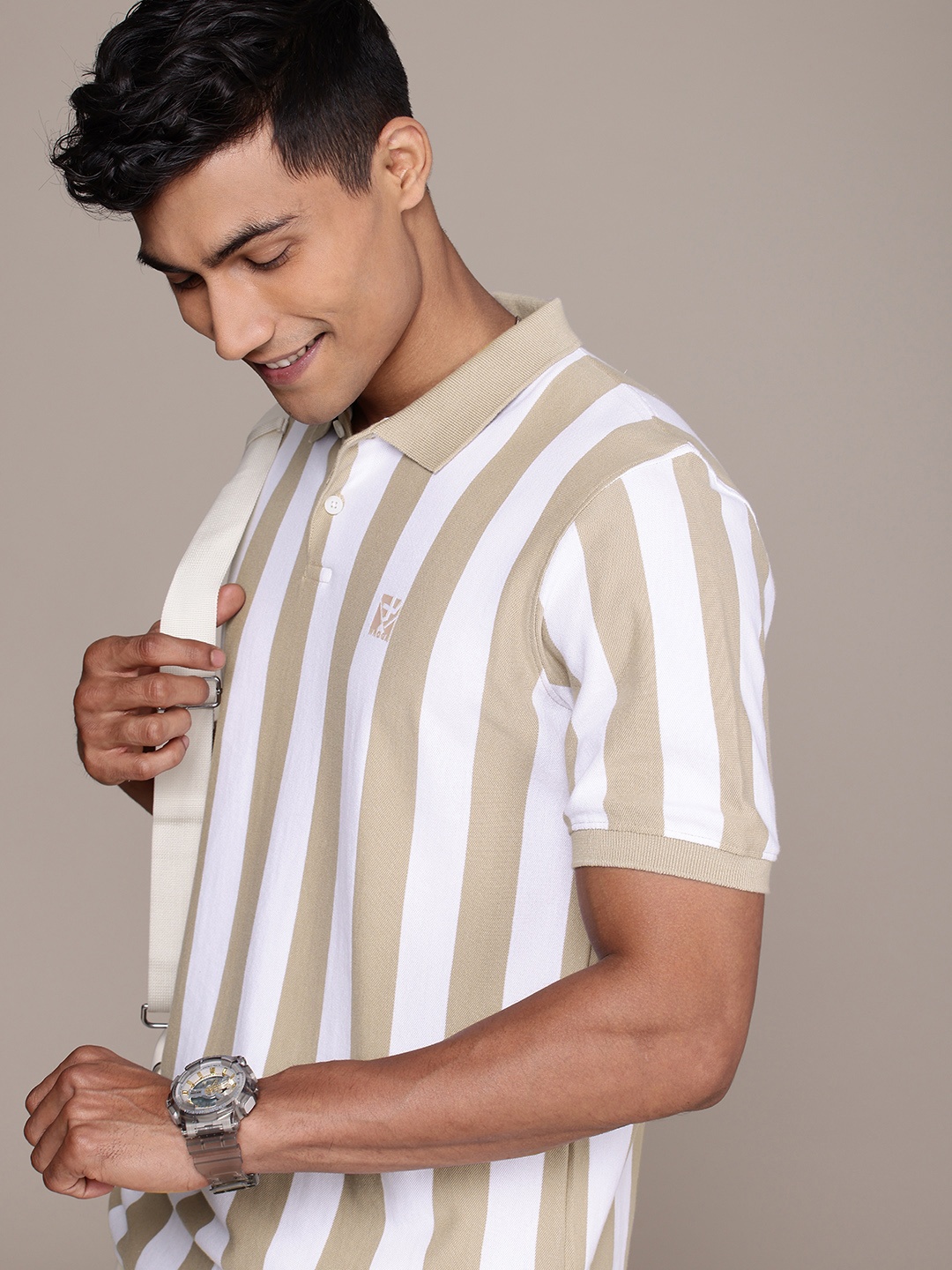 

WROGN Striped Polo Collar Pure Cotton T-shirt, White