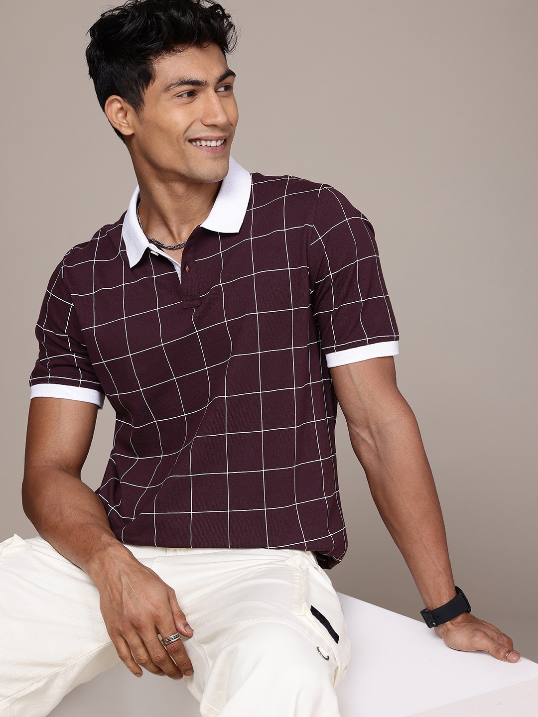 

WROGN Pure Cotton Checked Polo Collar T-shirt, Burgundy