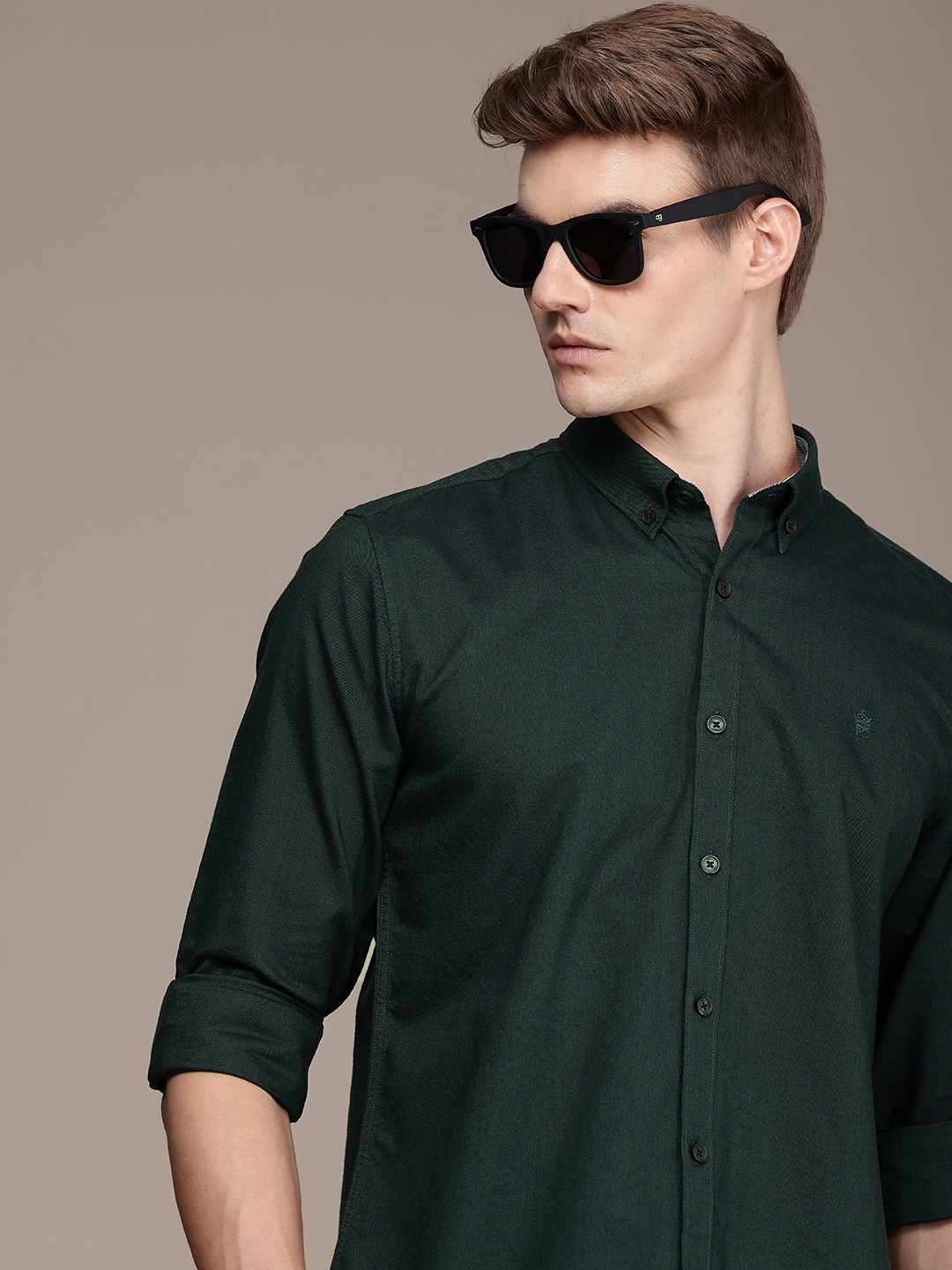 

French Connection Slim Fit Button-Down Collar Pure Cotton Casual Shirt, Green