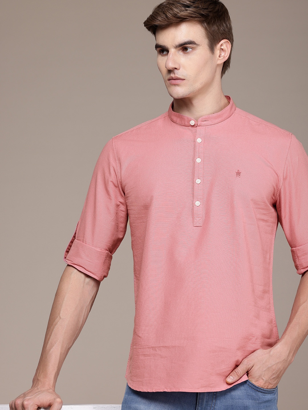 

French Connection Pure Cotton Half Placket Slim Fit Band Collar Casual Shirt, Rose