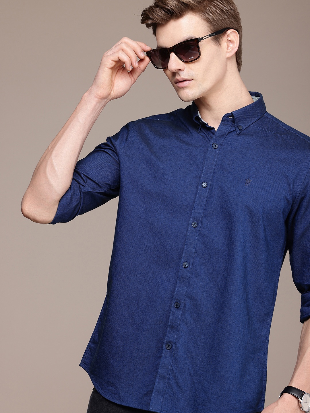 

French Connection Slim Fit Button-Down Collar Pure Cotton Casual Shirt, Navy blue
