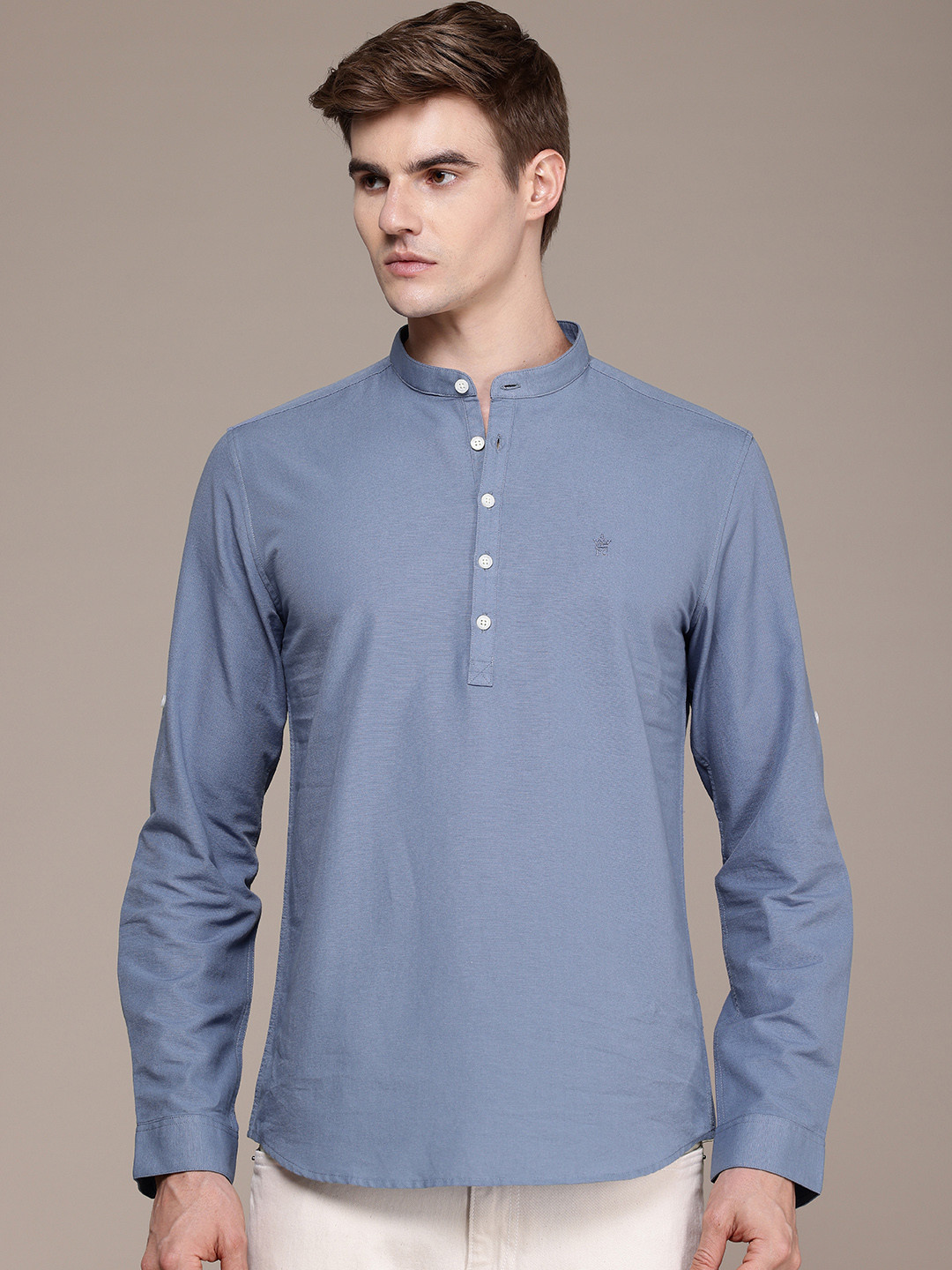 

French Connection Pure Cotton Half Placket Slim Fit Band Collar Casual Shirt, Blue
