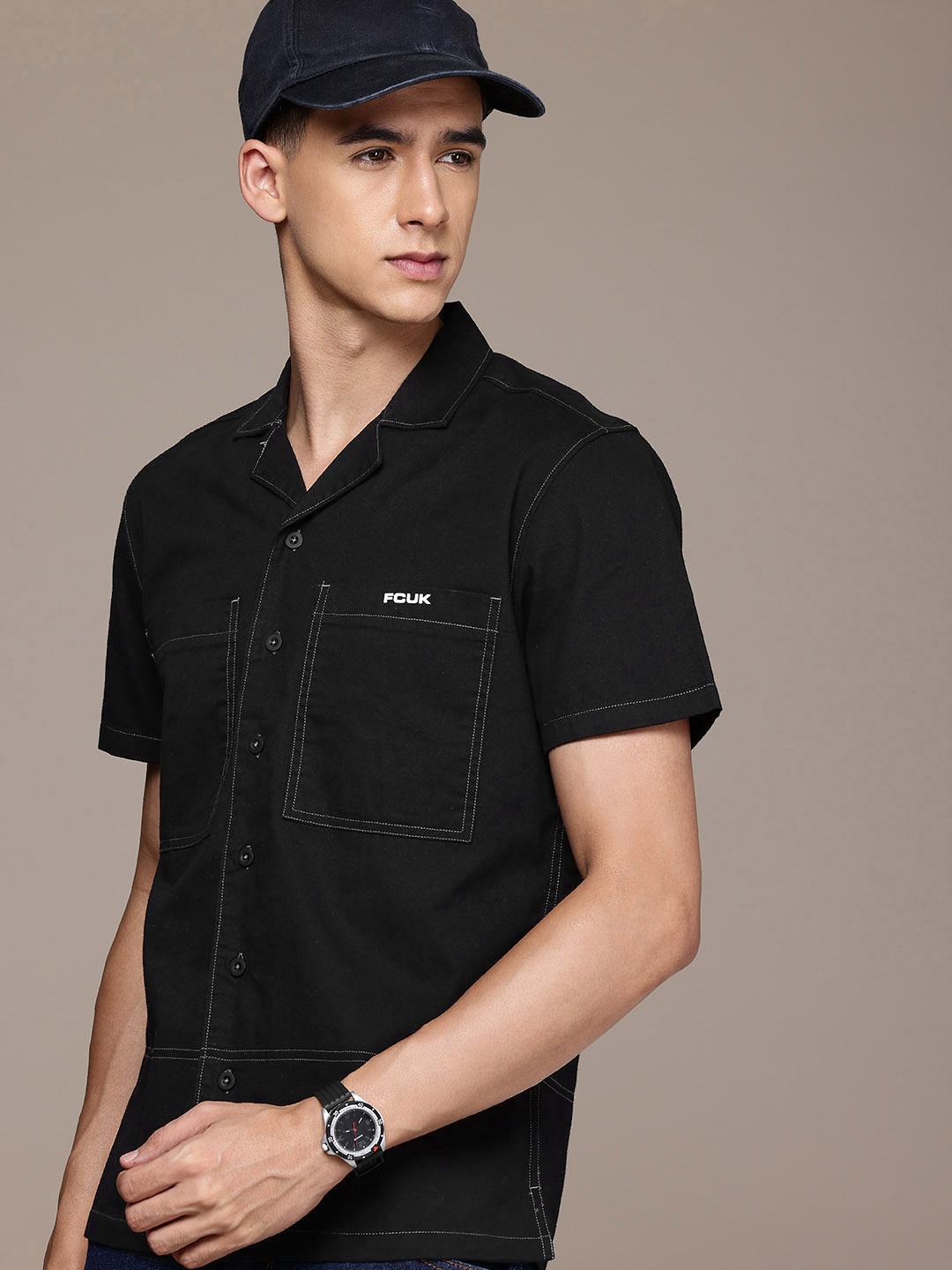 

French Connection Pure Cotton Cuban Collar Casual Shirt, Black