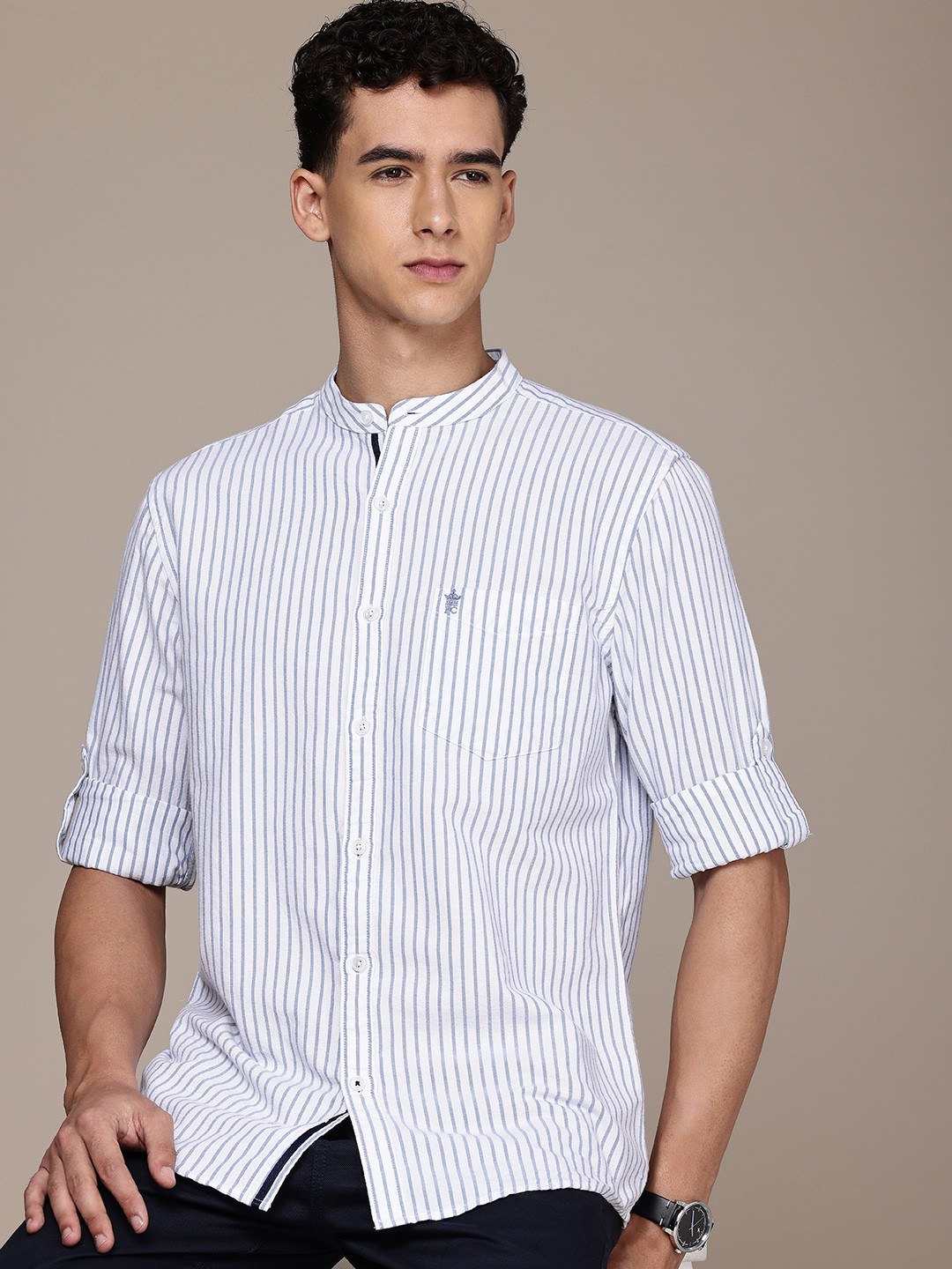 

French Connection Pure Cotton Slim Fit Opaque Striped Casual Shirt, White