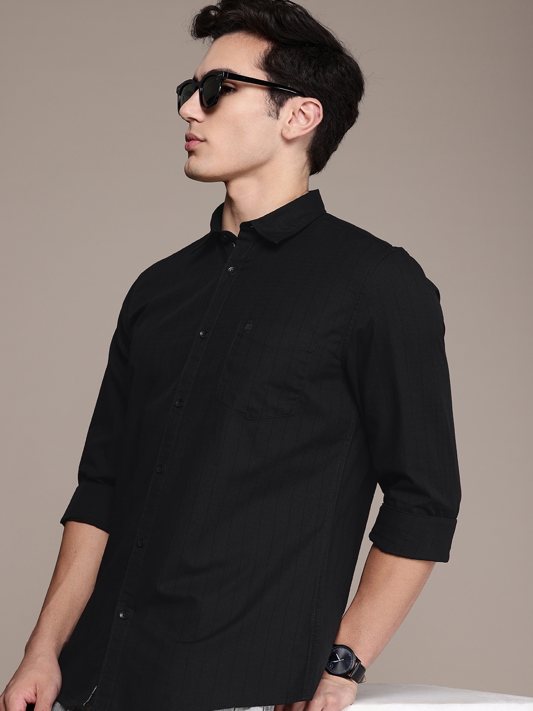 

French Connection Pure Cotton Slim Fit Textured Stripe Casual Shirt, Black