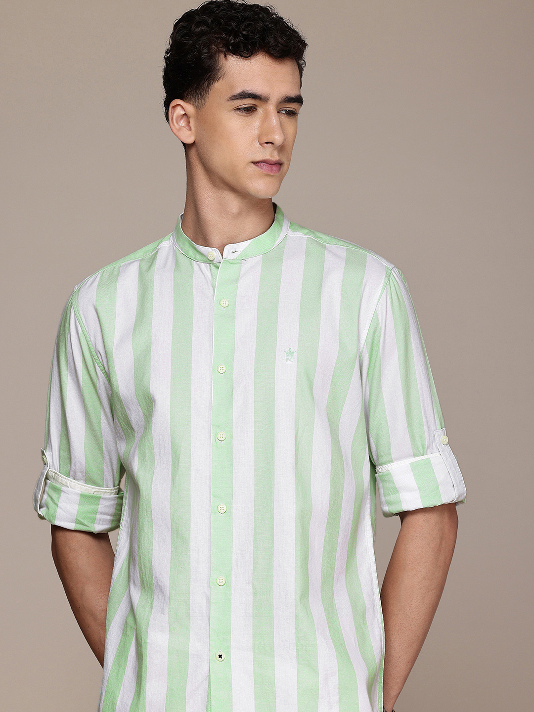 

French Connection Pure Cotton Slim Fit Opaque Striped Casual Shirt, Green
