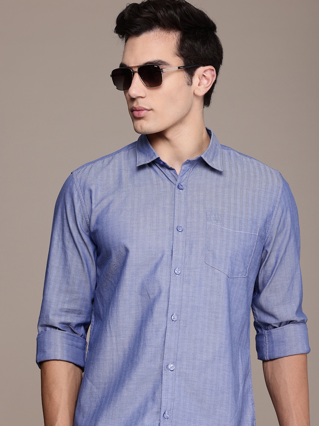 

French Connection Pure Cotton Self Striped Slim Fit Opaque Casual Shirt, Blue