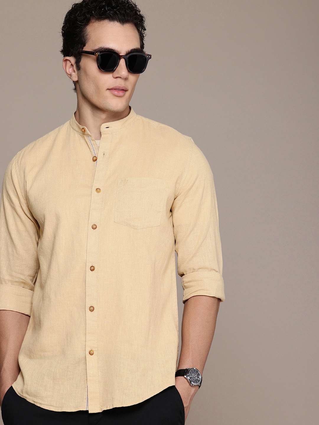 

French Connection Cotton-Linen Slim Fit Band Collar Casual Shirt, Beige