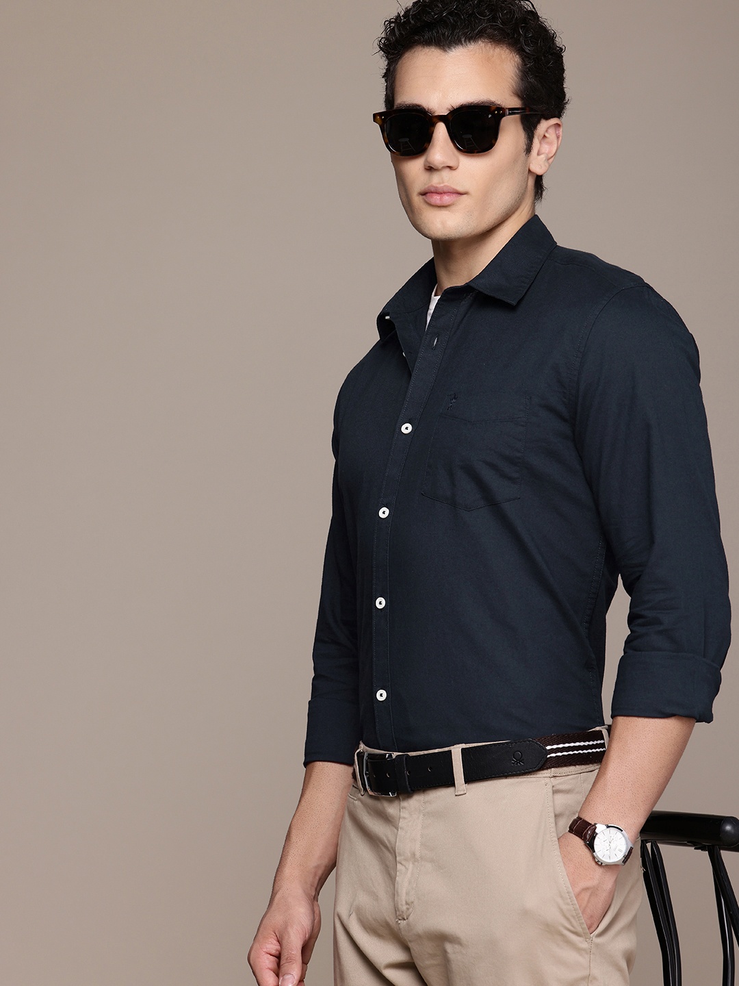 

French Connection Pure Cotton Slim Fit Casual Shirt, Navy blue