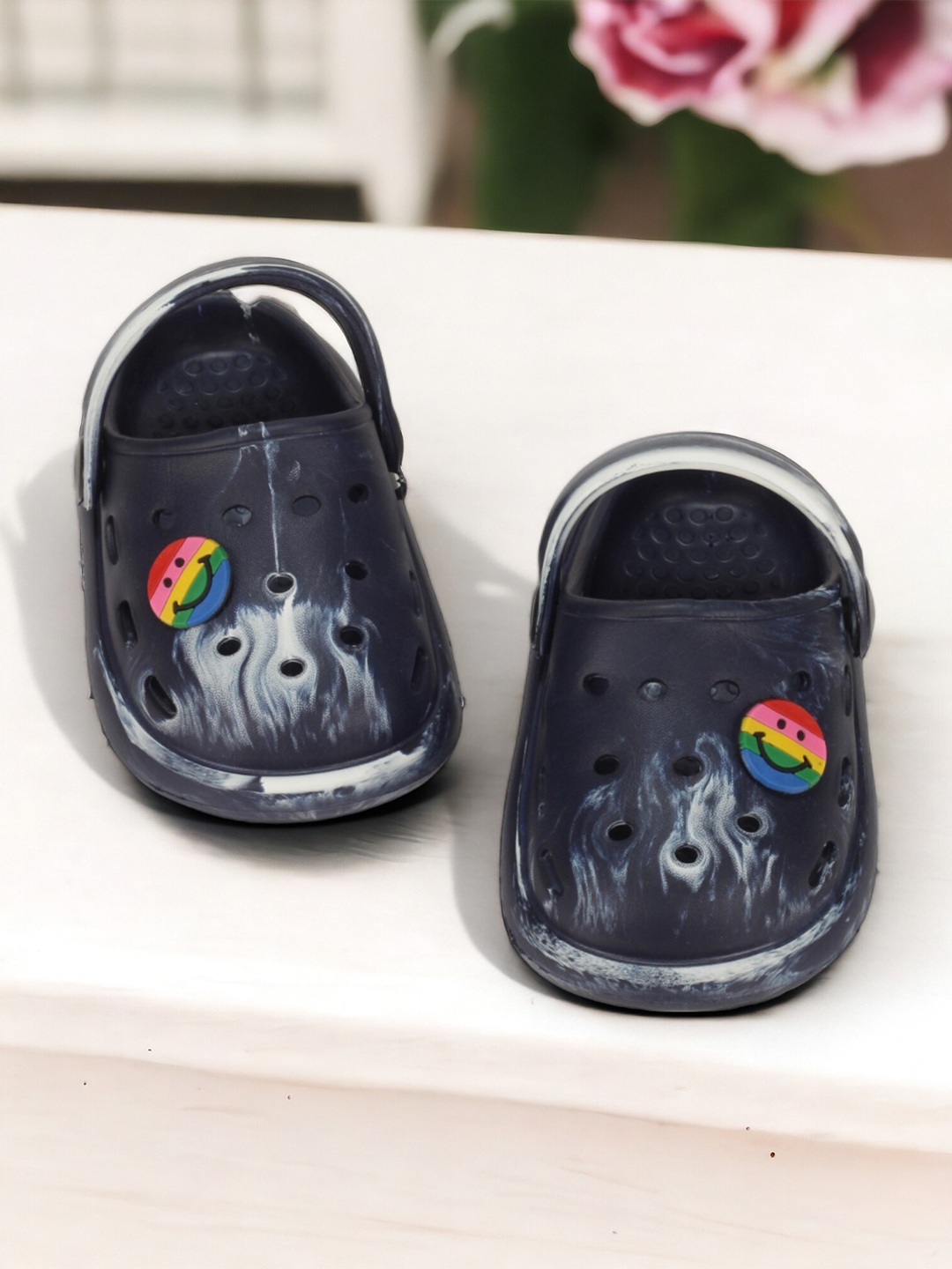 

Lil Lollipop Kids Marble Printed Look Smily Applique Rubber Anti-Slip Clogs, Black