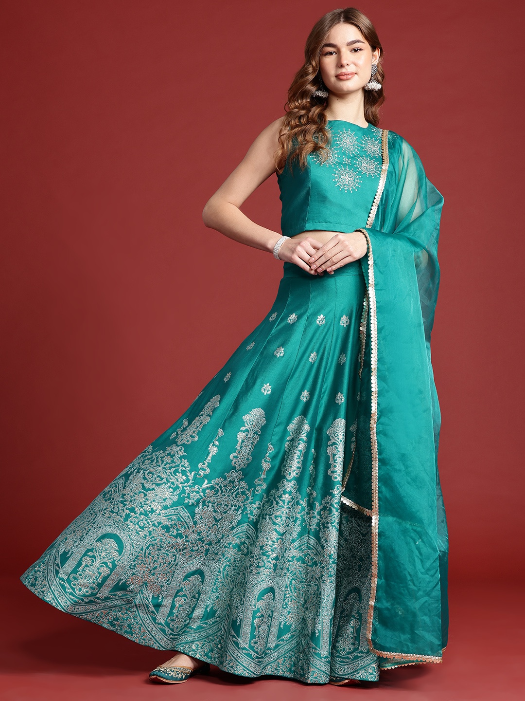 

Anouk Ready to Wear Lehenga Choli With Dupatta, Teal