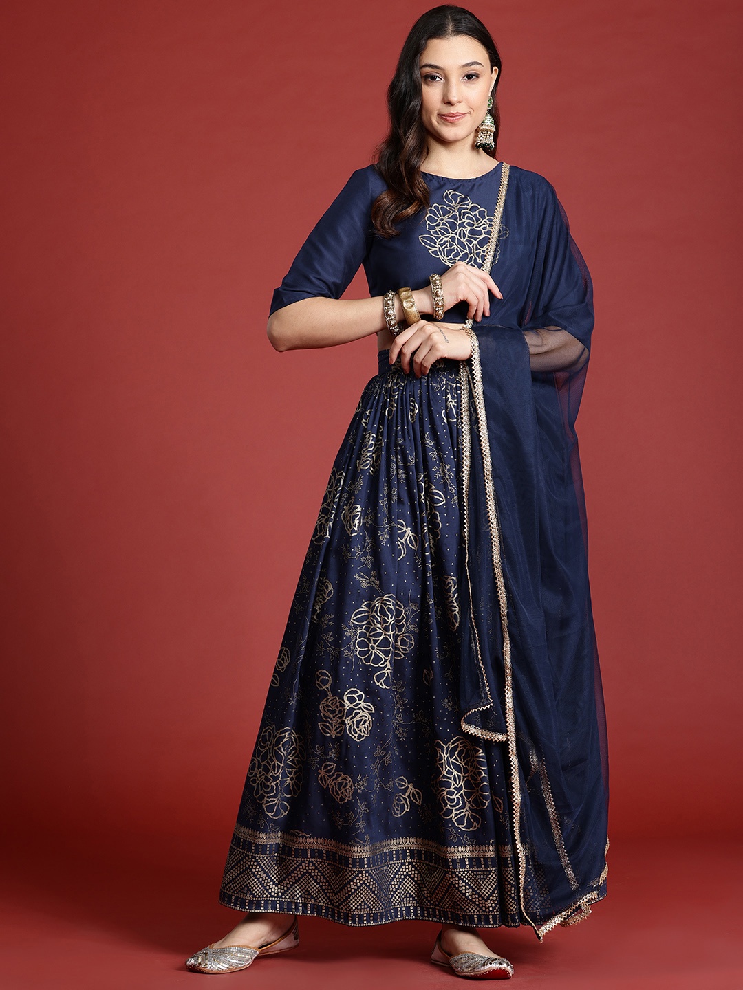 

Anouk Foil Print Ready to Wear Lehenga Choli With Dupatta, Navy blue