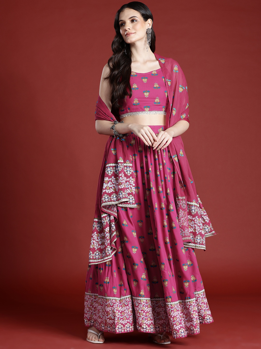 

Anouk Printed Ready to Wear Lehenga & Smocked Blouse With Dupatta, Magenta