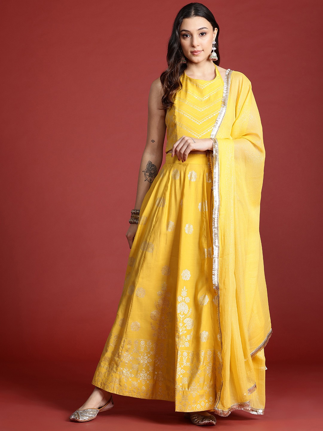 

Anouk Printed Ready to Wear Halter Neck Smocked Lehenga & Blouse With Dupatta, Mustard