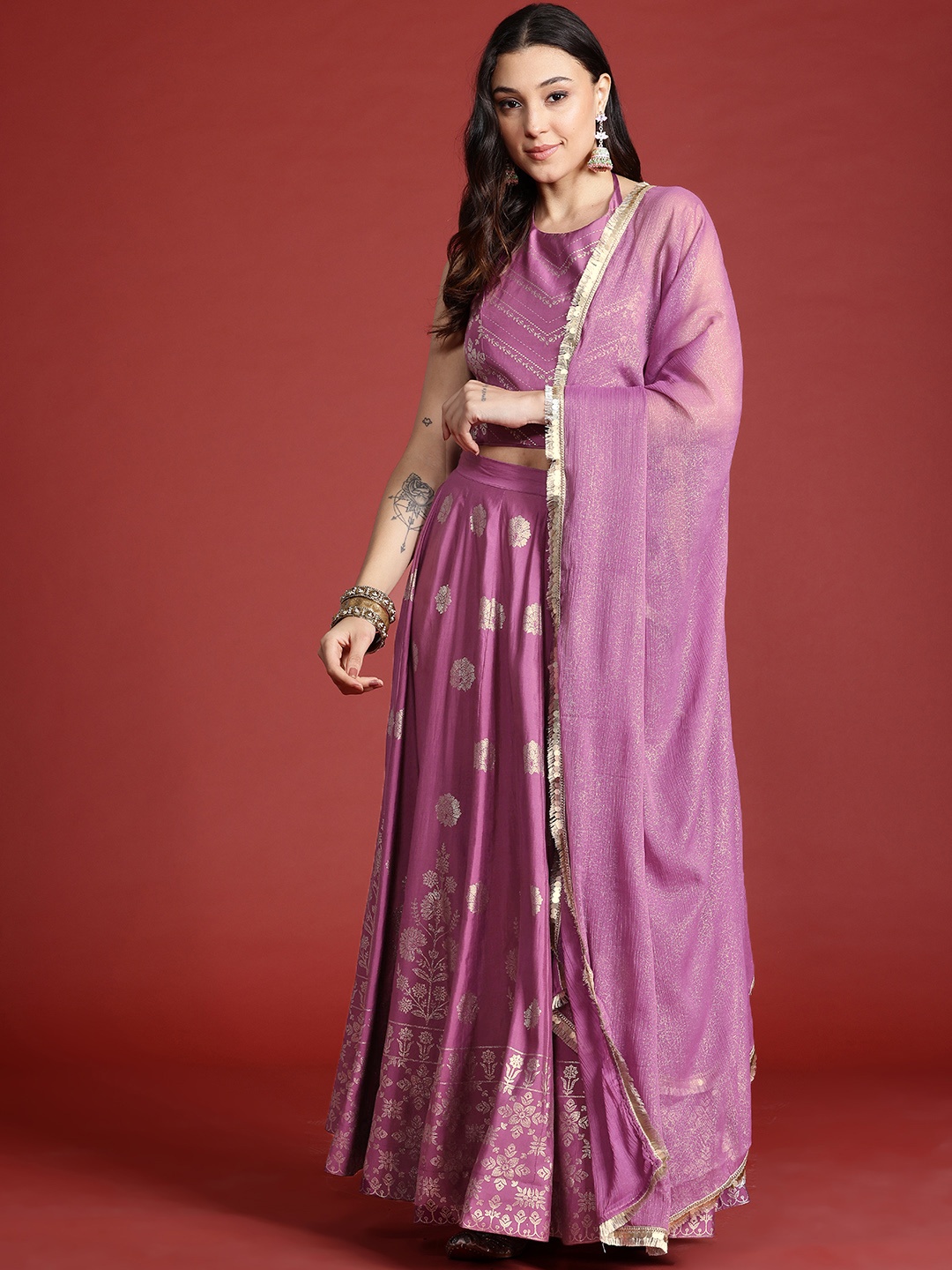 

Anouk Printed Ready to Wear Halter Neck Smocked Lehenga & Blouse With Dupatta, Purple