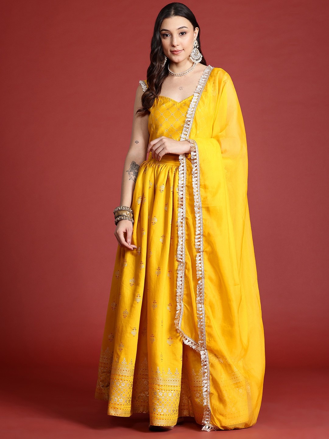 

Anouk Foil Print Ready to Wear Lehenga Choli with Dupatta, Yellow