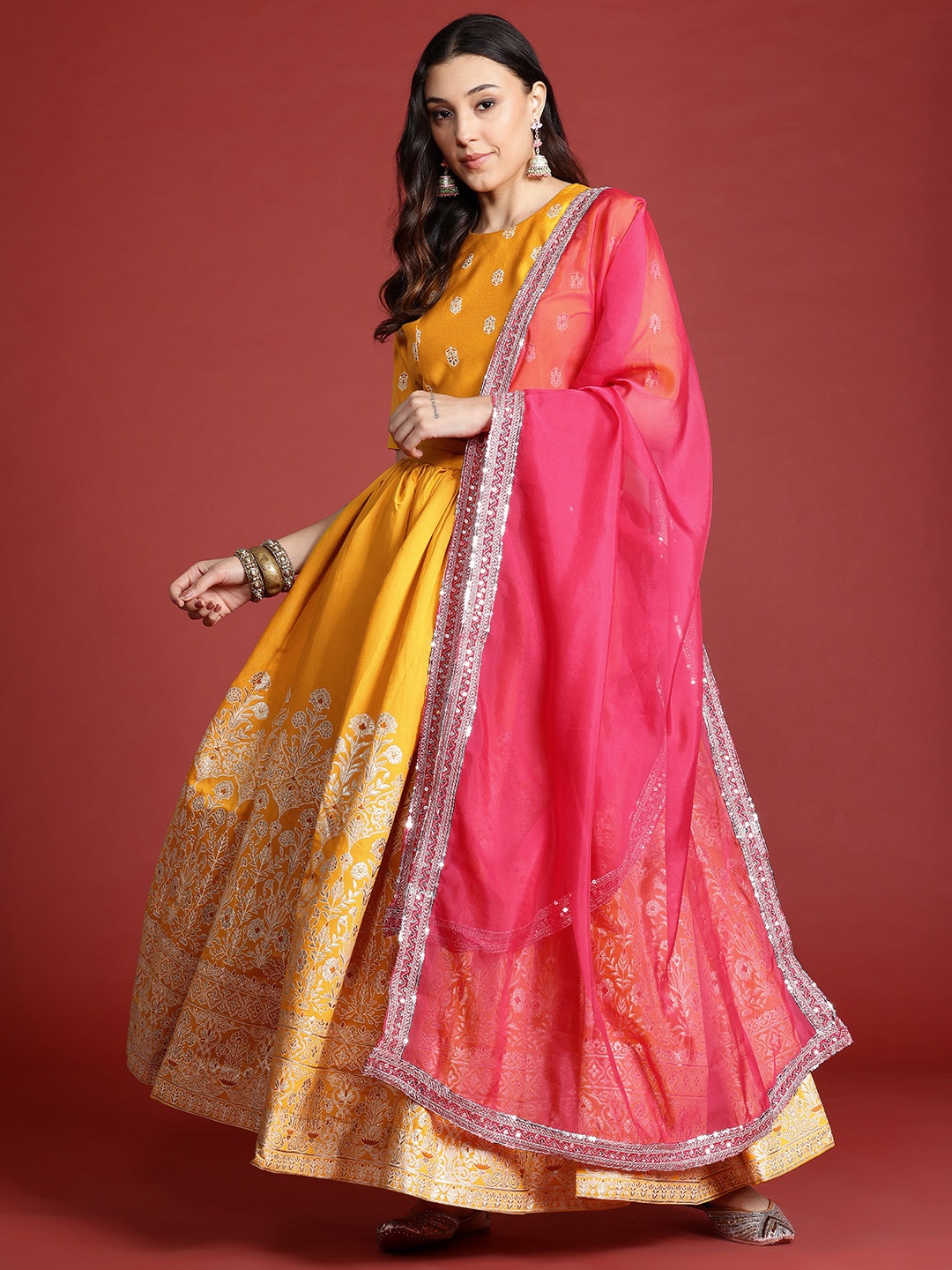 

Anouk Floral Foil Printed Sequinned Ready to Wear Lehenga & Blouse With Dupatta, Yellow