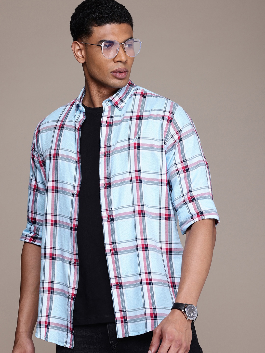 

Nautica Pure Cotton Classic Fit Opaque Checked Casual Shirt, Blue