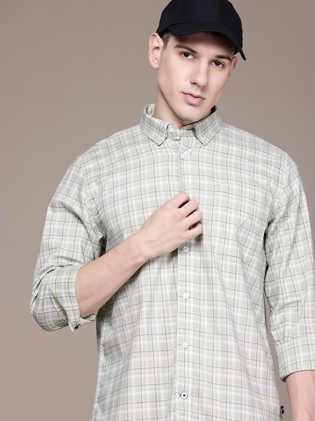 

Nautica Men Classic Pure Cotton Checked Shirt, Olive