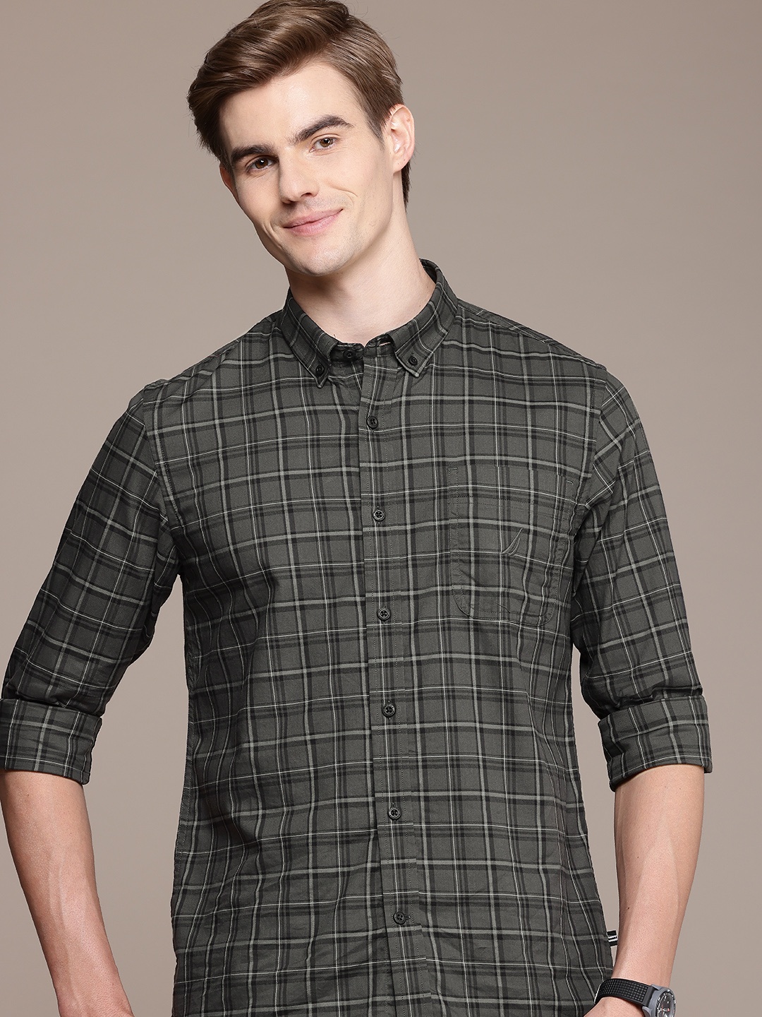 

Nautica Pure Cotton Slim Fit Tartan Checked Casual Shirt, Grey