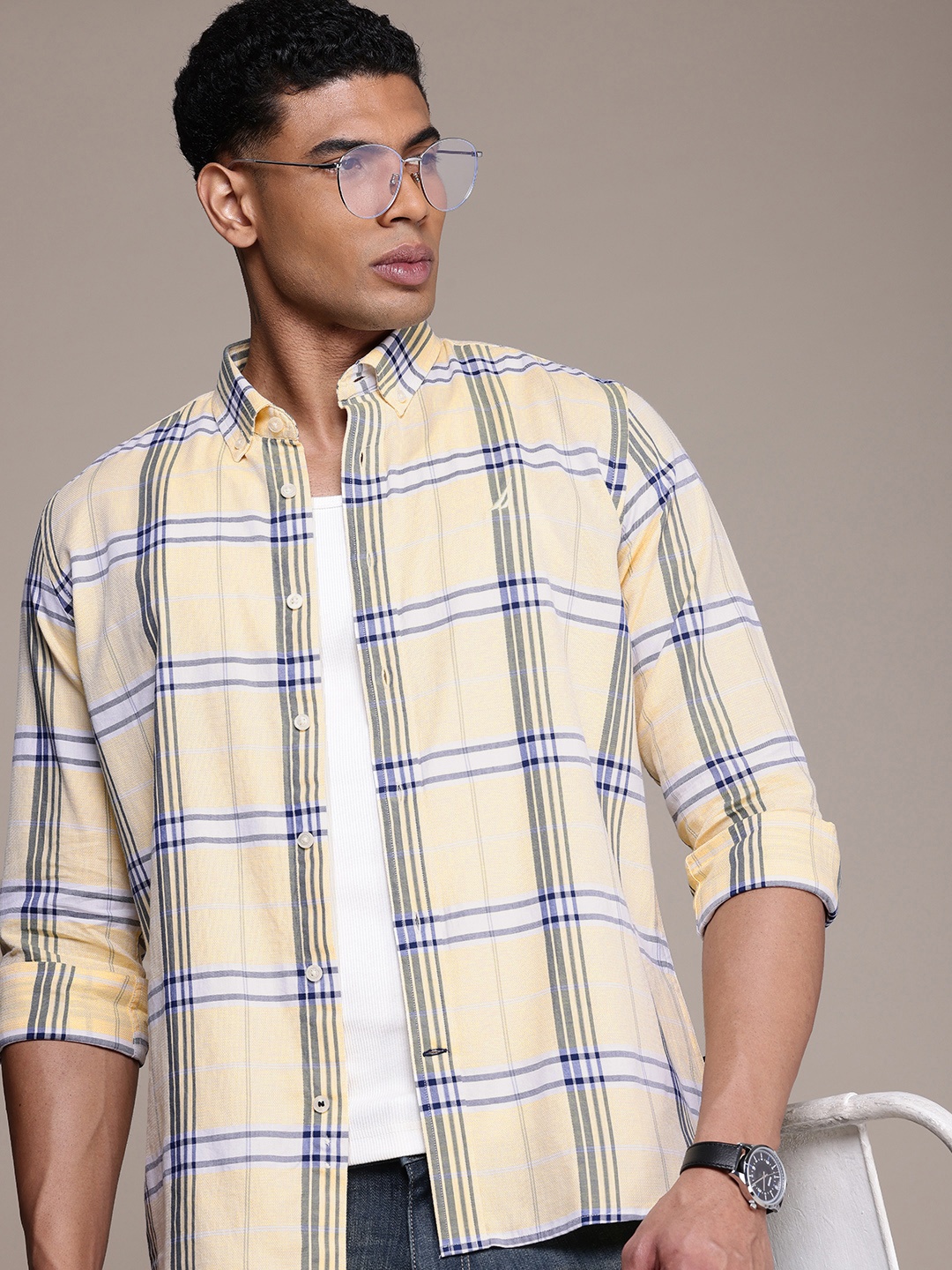 

Nautica Classic Fit Checked Pure Cotton Casual Shirt with Button Down Collar, Yellow