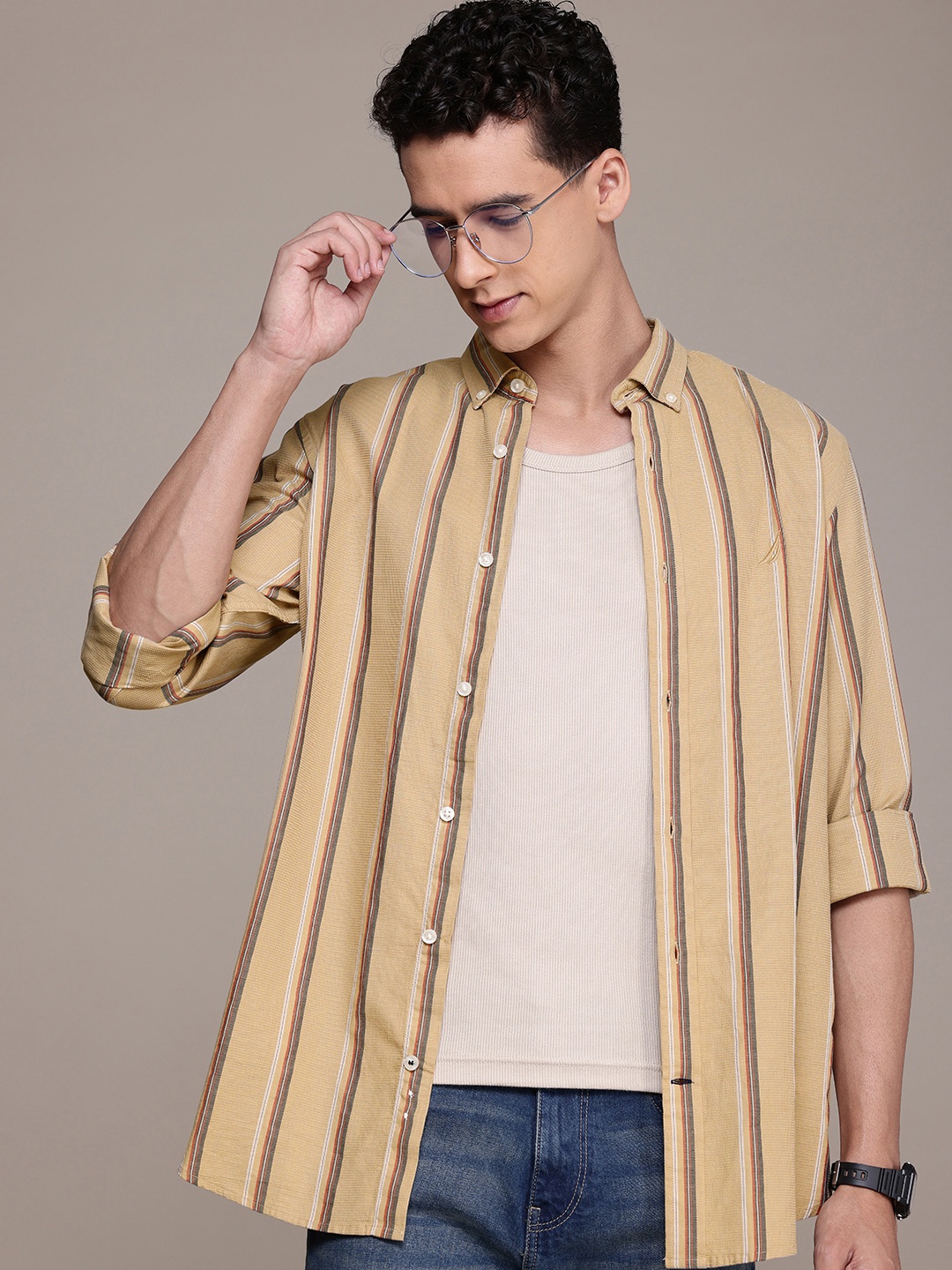 

Nautica Pure Cotton Classic Fit Opaque Striped Casual Shirt, Beige