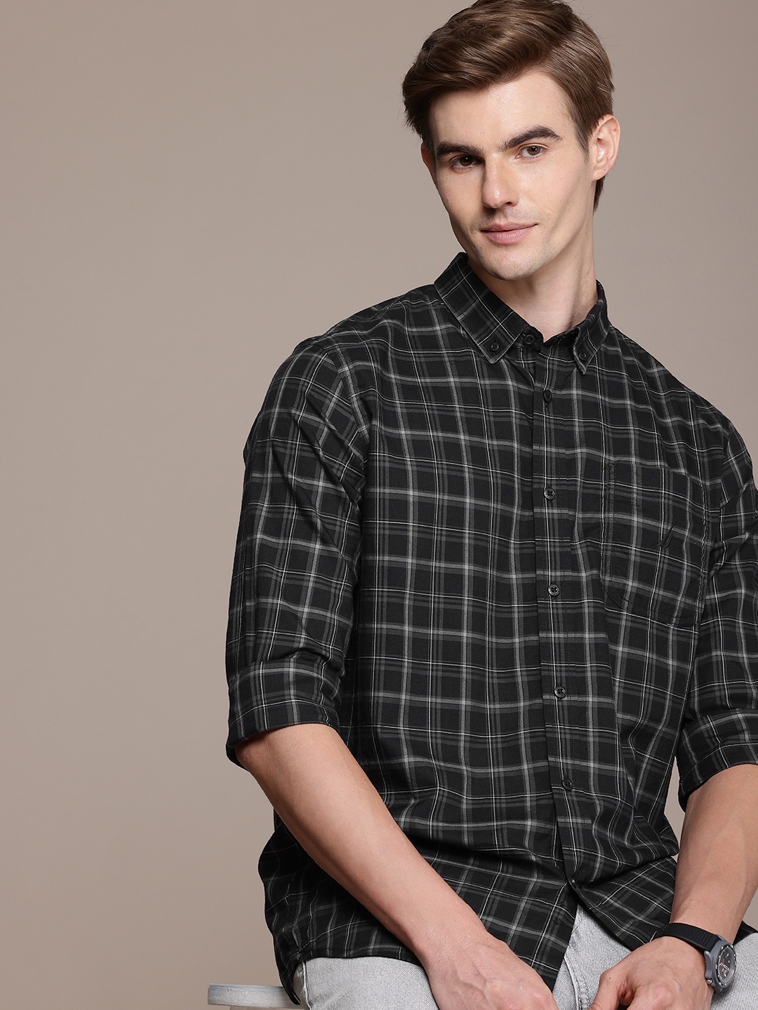 

Nautica Pure Cotton Slim Fit Tartan Checked Casual Shirt, Black