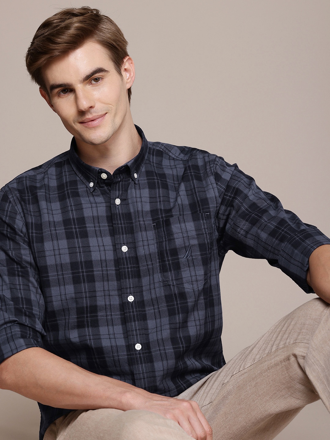 

Nautica Pure Cotton Slim Fit Opaque Checked Casual Shirt, Navy blue